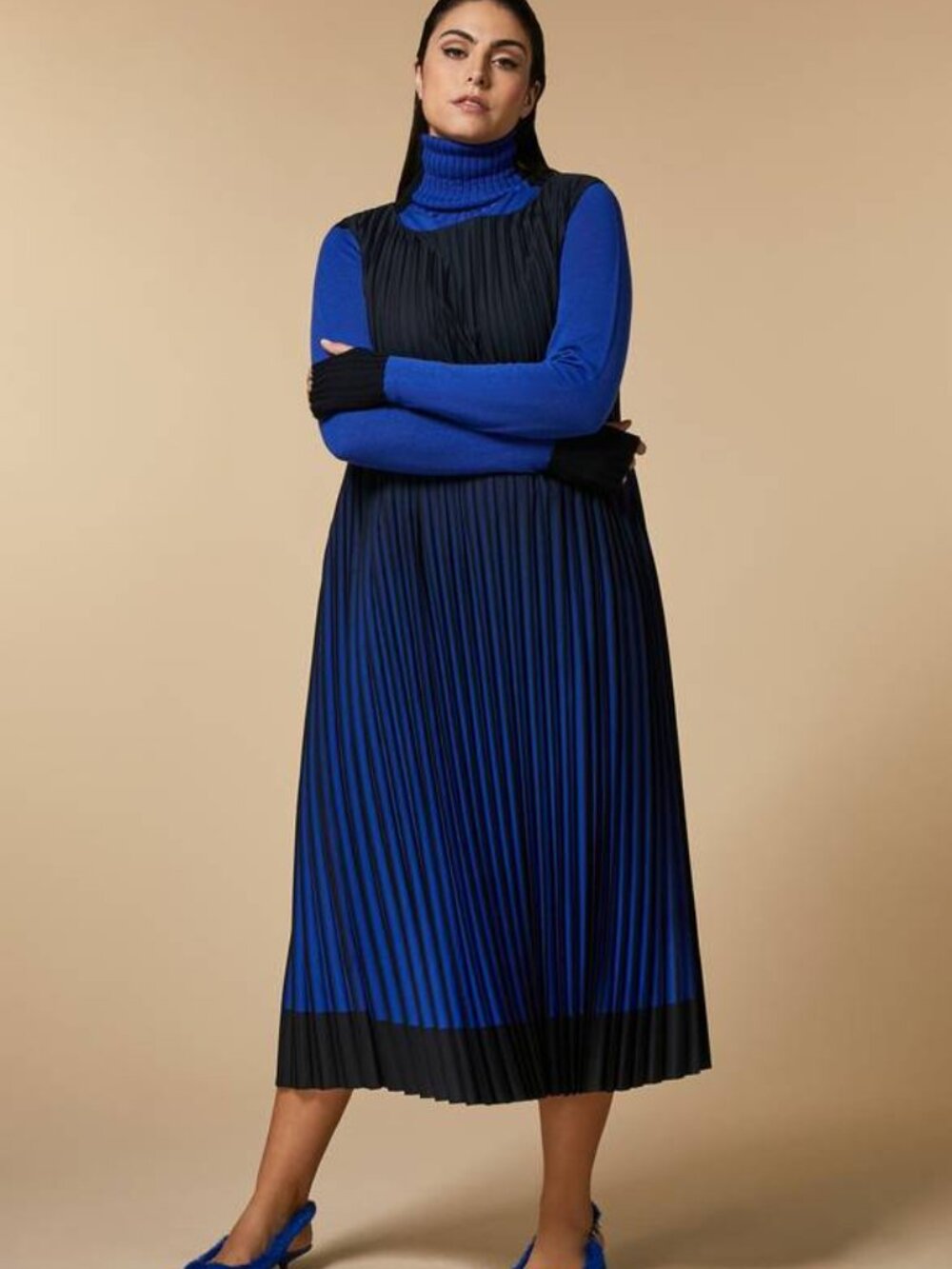 NEW MARINA RINALDI “Danzare” Pleated Maxi Tank Dress – Black/Blue – Women’s 16